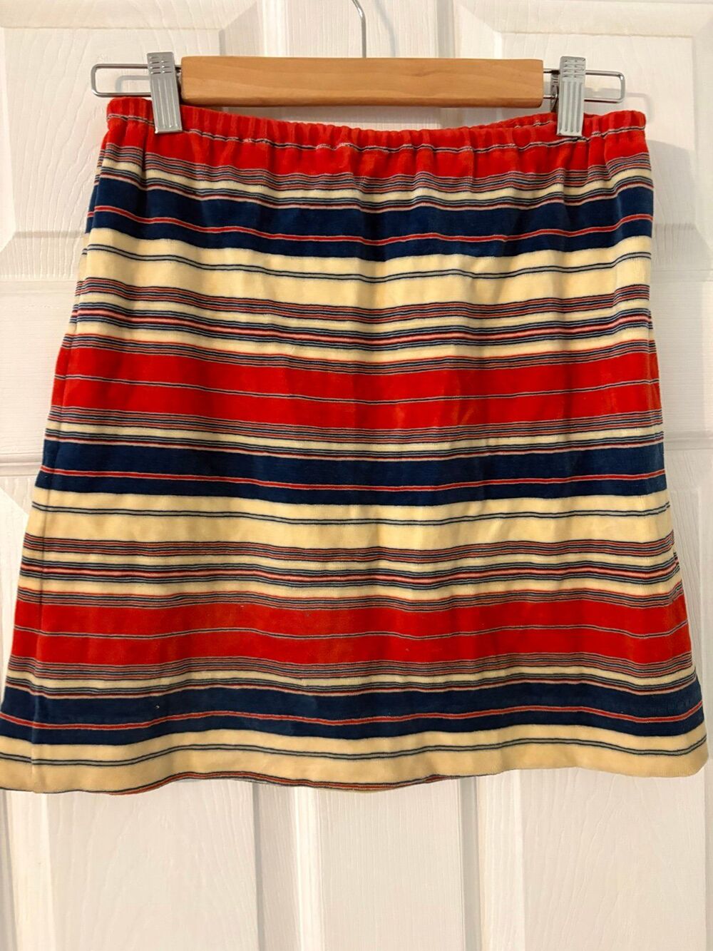 Vintage Striped Velour Mini Skirt Red Navy Cream Elastic Waist  small
